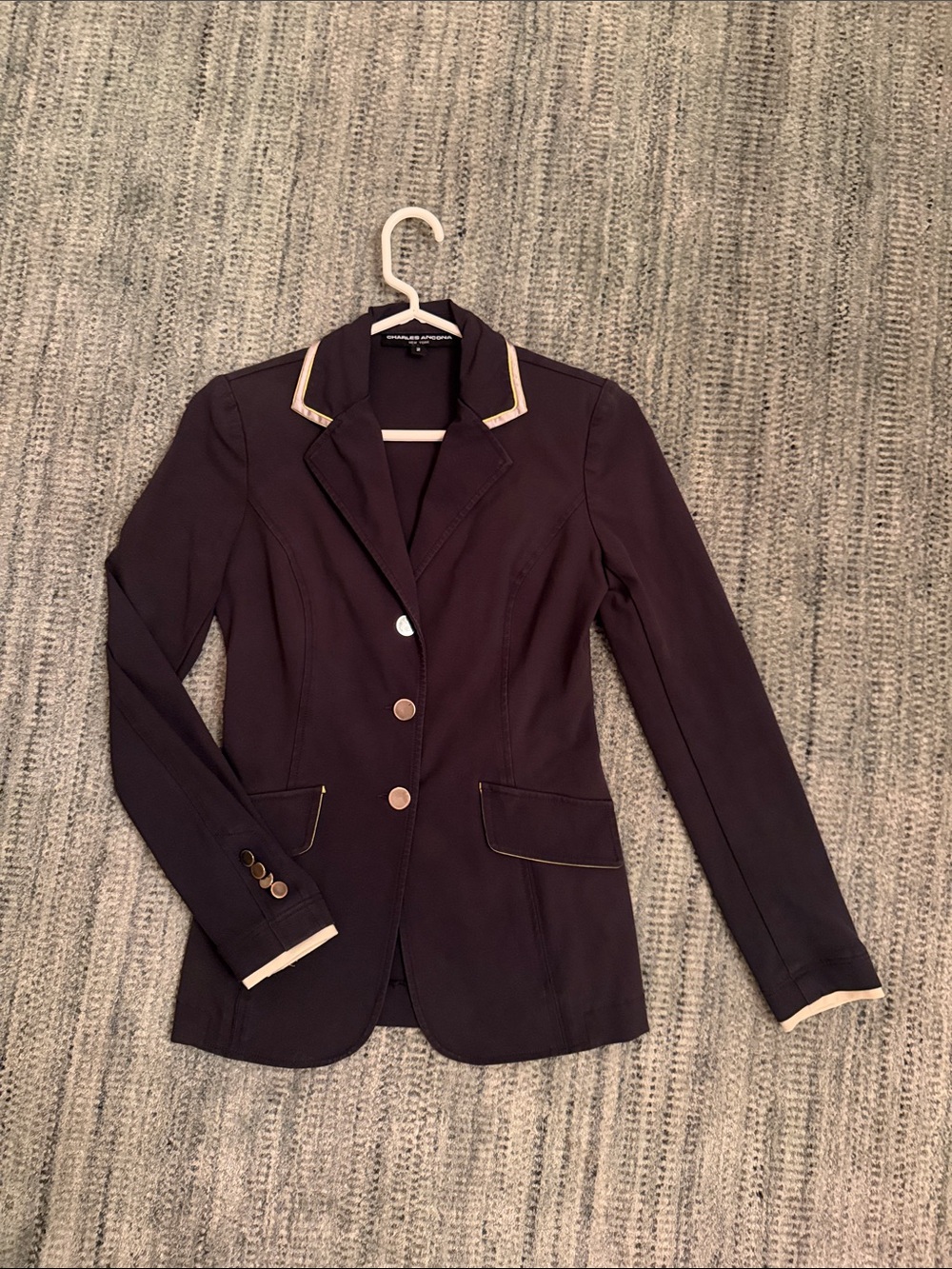 Custom Charles Ancona Women’s show coat with yellow piping and silver satin